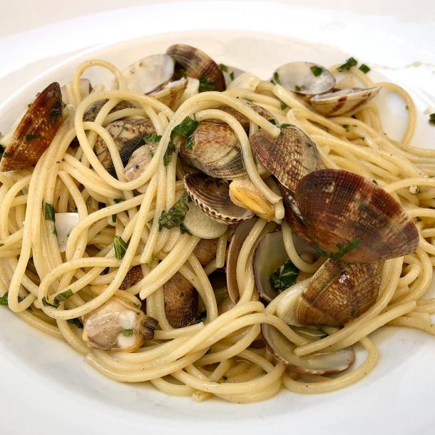 close up of pasta dish made with clams